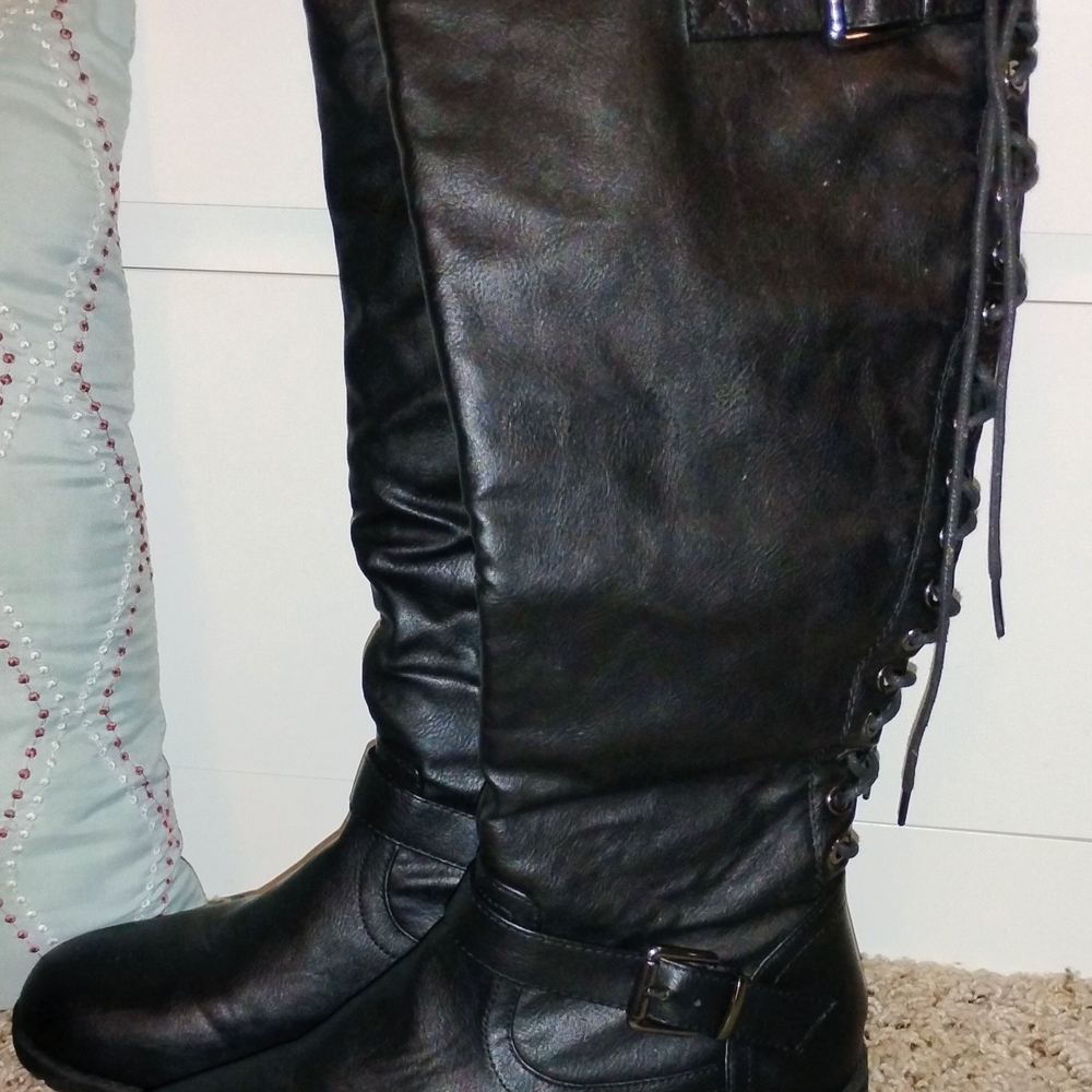 TOP Moda Black Lace-Up Over the Knee Boots